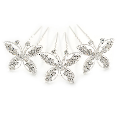Bridal/ Wedding/ Prom/ Party Set Of 3 Rhodium Plated Clear Austrian Crystal Butterfly Hair Pins
