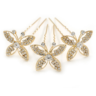Bridal/ Wedding/ Prom/ Party Set Of 3 Gold Tone Clear Austrian Crystal Butterfly Hair Pins