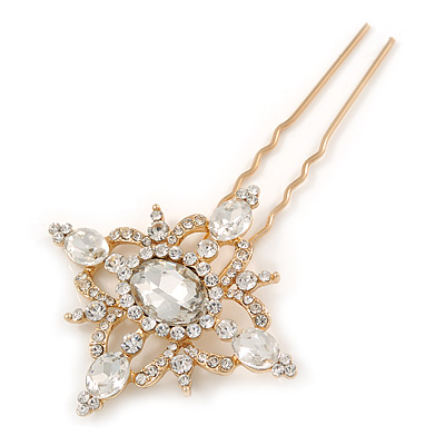 Bridal/ Wedding/ Prom/ Party Single Clear Crystal Star Hair Pin In Gold Tone - 80mm L - main view
