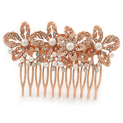 Bridal/ Wedding/ Prom/ Party Rose Gold Tone Clear Crystal, Simulated Pearl Floral Hair Comb - 85mm - main view