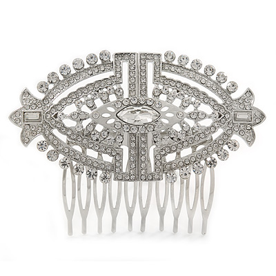 Bridal/ Wedding/ Prom/ Party Art Deco Style Rhodium Plated Tone Austrian Crystal Hair Comb - 85mm W - main view