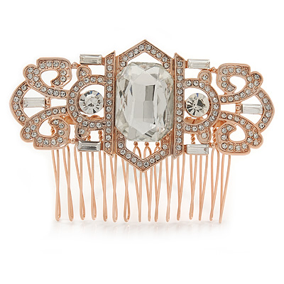 Bridal/ Wedding/ Prom/ Party Art Deco Style Rose Gold Tone Tone Austrian Crystal Hair Comb - 80mm W - main view