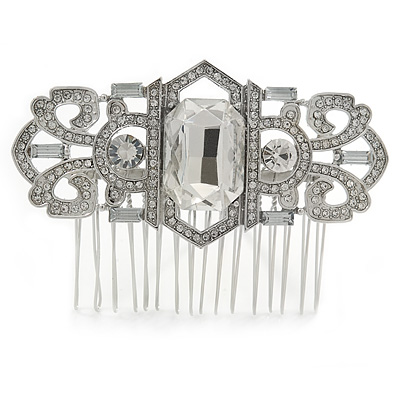 Bridal/ Wedding/ Prom/ Party Art Deco Style Rhodium Plated Tone Austrian Crystal Hair Comb - 80mm W - main view