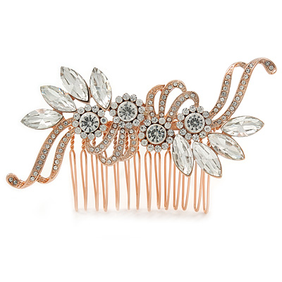 Bridal/ Wedding/ Prom/ Party Rose Gold Tone Clear Crystal Floral Hair Comb - 90mm W - main view