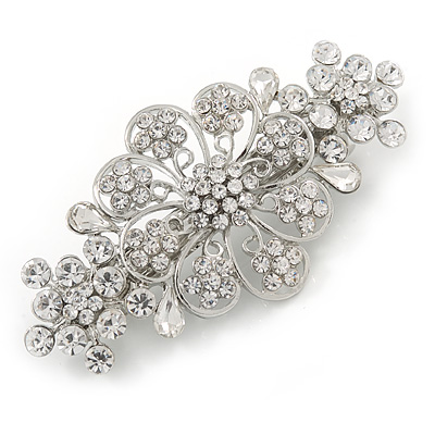 Medium Silver Tone Filigree Diamante Floral Barrette Hair Clip Grip - 70mm Across - main view