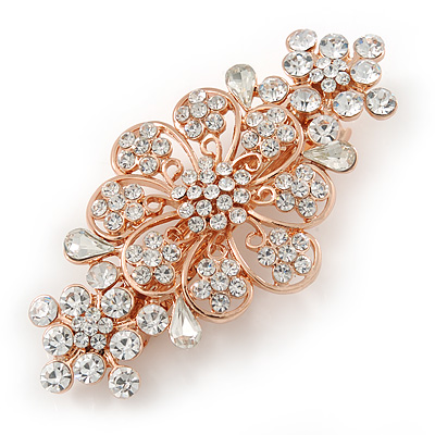 Medium Rose Gold Tone Filigree Diamante Floral Barrette Hair Clip Grip - 70mm Across