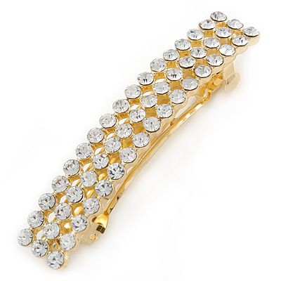 Classic Clear Crystal Square Barrette Hair Clip Grip In Gold Plated Metal - 80mm Across - main view