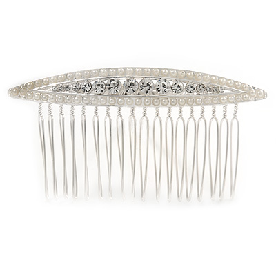 Bridal/ Wedding/ Prom/ Party Silver Plated Clear Crystal, Cream Faux Pearl Hair Comb - 80mm