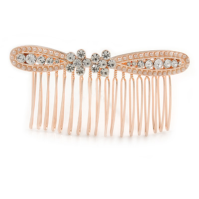 Bridal/ Wedding/ Prom/ Party Rose Gold Tone Clear Austrian Crystal Bow Side Hair Comb - 80mm - main view