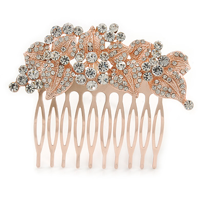Vintage Inspired Bridal/ Wedding/ Prom/ Party Austrian Clear Crystal 'Leaves & Flowers' Hair Comb In Rose Tone Metal - 75mm - main view
