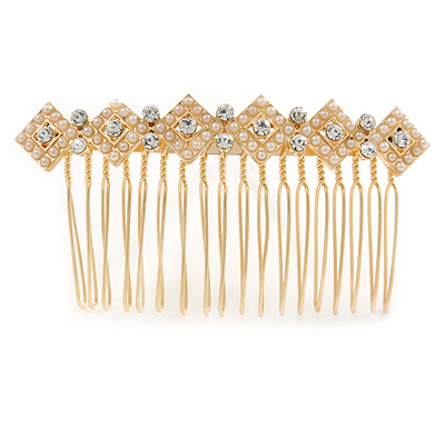Bridal/ Wedding/ Prom/ Party Gold Tone Clear Crystal, Cream Faux Pearl Double Square Pattern Hair Comb - 80mm - main view