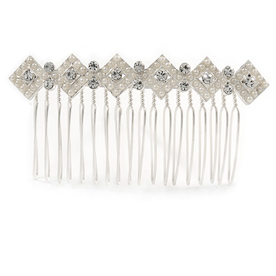 Bridal/ Wedding/ Prom/ Party Silver Plated Clear Crystal, Cream Faux Pearl Double Square Pattern Hair Comb - 80mm
