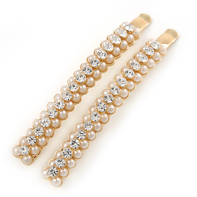 2 Gold Plated Cream Glass Pearl, Clear Crystal Hair Grips/ Slides - 60mm - main view