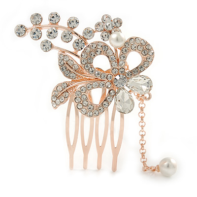 Bridal/ Wedding/ Prom/ Party Rose Gold Tone Clear Austrian Crystal Flower with Dangles Side Hair Comb - 60mm L - main view