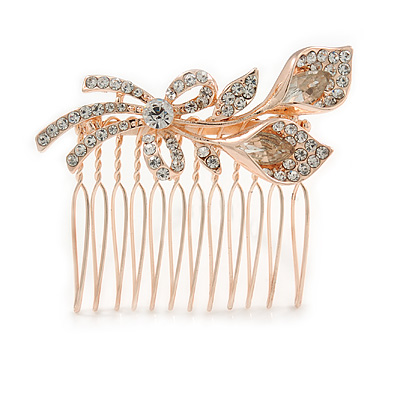 Bridal/ Wedding/ Prom/ Party Rose Gold Tone Clear Austrian Crystal Calla Lily Side Hair Comb - 60mm - main view
