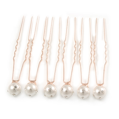 Bridal/ Wedding/ Prom/ Party Set Of 6 Rose Gold Plated 10mm Crystal Simulated Pearl Hair Pins - main view