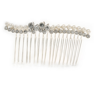 Bridal/ Wedding/ Prom/ Party Silver Tone Clear Crystal, Simulated Pearl, Double Butterfly Floral Hair Comb - 80mm - main view