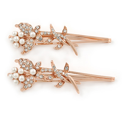 2 Bridal/ Prom Clear Crystal, White Glass Pearl Butterfly Hair Grips/ Slides In Rose Gold Metal - 70mm L - main view