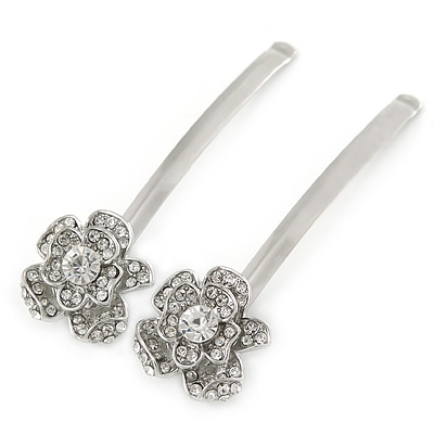 2 Bridal/ Prom Clear Crystal Flower Hair Grips/ Slides In Rhodium Plating - 60mm Across - main view