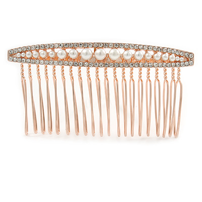 Bridal/ Wedding/ Prom/ Party Rose Gold Tone Clear Austrian Crystal Pealr Side Hair Comb - 80mm