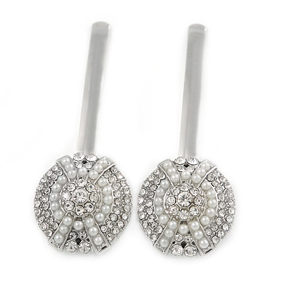 2 Bridal/ Prom Clear Crystal, White Glass Pearl Button Hair Grips/ Slides In Rhodium Plated Metal - 60mm L