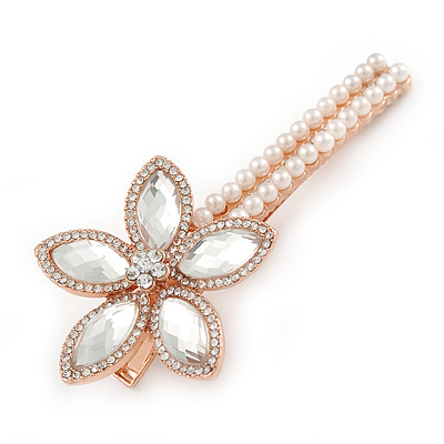 Large Glass Pearl, Clear Crystal Flower Hair Beak Clip/ Concord Clip In Rose Gold Tone - 90mm L - main view