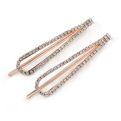 2 Bridal/ Prom Clear Crystal Open Loop Hair Grips/ Slides In Rose Gold Tone Metal - 70mm L - main view