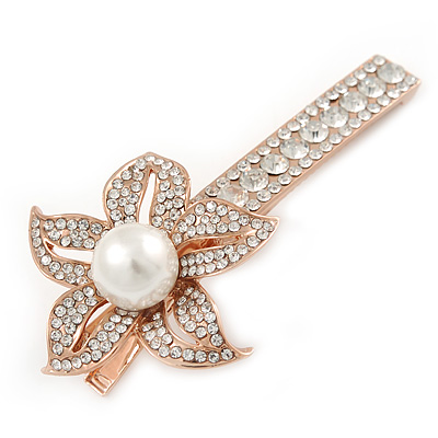 Large Glass Pearl, Clear Crystal Flower Hair Beak Clip/ Concord Clip In Rose Gold Tone - 85mm L - main view