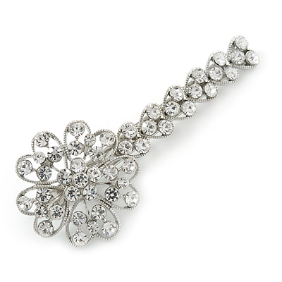 Large Clear Crystal Flower Hair Beak Clip/ Concord Clip In Rhodium Plated Metal - 90mm L