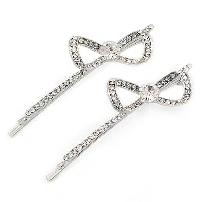 Pair Of Clear Crystal Bow Hair Slides In Rhodium Plating - 55mm L