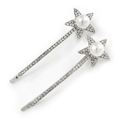 Pair Of Clear Crystal White Pearl Star Hair Slides In Rhodium Plating - 60mm L - main view