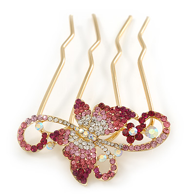Statement Magenta/ Pink / AB Crystal Butterfly Side Comb In Gold Plated Metal - 95mm L