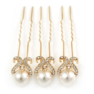 Bridal/ Wedding/ Prom/ Party Set Of 3 Gold Plated Clear Austrian Crystal Faux Pearl Hair Pins