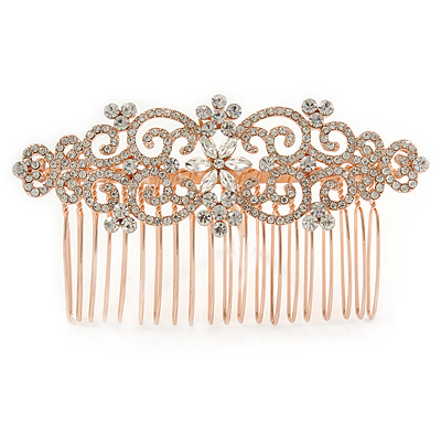Clear Austrian Crystal Flowers and Twirls Side Hair Comb In Rose Gold Tone - 85mm - main view