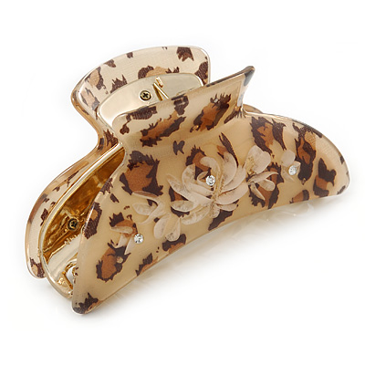 Large Gold Tone Animal Print Acrylic Hair Claw/ Clamp (Brown/ Beige) - 95mm Long - main view