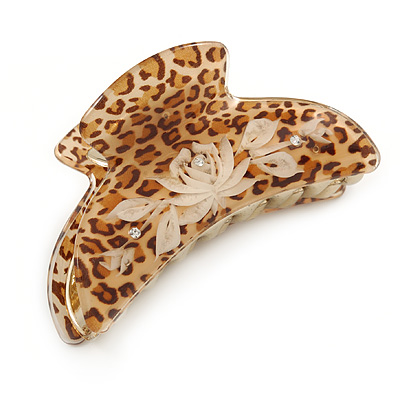 Large Gold Tone Animal Print Acrylic Hair Claw/ Clamp (Brown/ Sand) - 95mm Long - main view