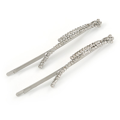Pair Of Long Clear Crystal 'Daisy' Hair Slides In Silver Tone Metal - 90mm L - main view