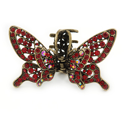 Vintage Inspired Red Crystal Butterfly with Mobile Wings Hair Claw In Antique Gold Tone - 85mm Across