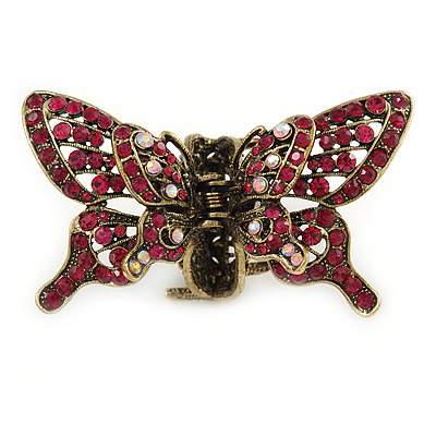 Vintage Inspired Magenta Crystal Butterfly with Mobile Wings Hair Claw In Antique Gold Tone - 85mm Across