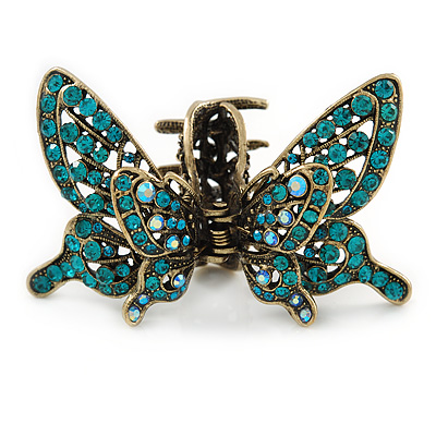 Vintage Inspired Teal Crystal Butterfly with Mobile Wings Hair Claw In Antique Gold Tone - 85mm Across - main view