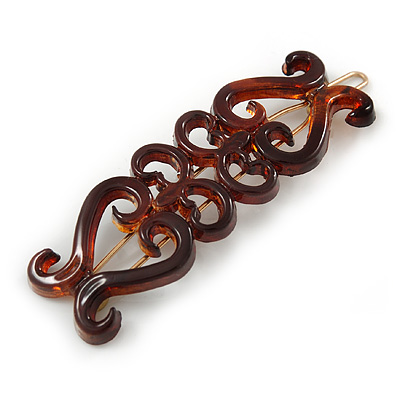 Brown Acrylic Swirl Pattern Hair Slide/ Grip with Gold Tone Closure - 60mm Across - main view
