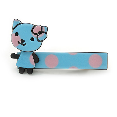 Children's/ Teen's / Kid's Light Blue/ Pink Kitty Acrylic Hair Beak Clip/ Concord Clip/ Clamp Clip In Silver Tone - 50mm L - main view
