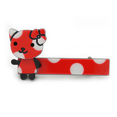 Children's/ Teen's / Kid's Red/ White Kitty Acrylic Hair Beak Clip/ Concord Clip/ Clamp Clip In Silver Tone - 50mm L - main view
