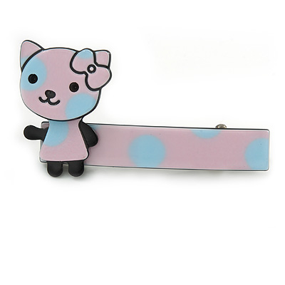 Children's/ Teen's / Kid's Pink/ Light Blue Kitty Acrylic Hair Beak Clip/ Concord Clip/ Clamp Clip In Silver Tone - 50mm L - main view