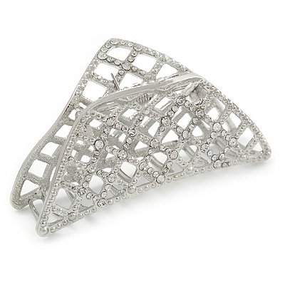 Large Crystal Square Pattern Hair Claw In Rhodium Plating - 90mm Across
