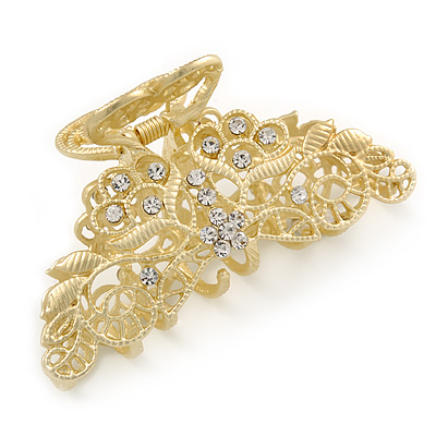 Medium Clear Crystal Floral Filigree Hair Claw In Matte Gold Tone - 75mm Across - main view