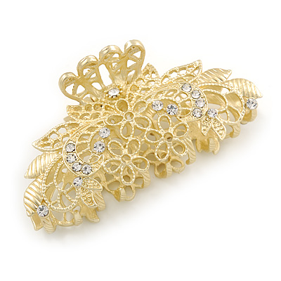Medium Clear Crystal Floral Filigree Hair Claw In Matte Gold Tone - 75mm Across