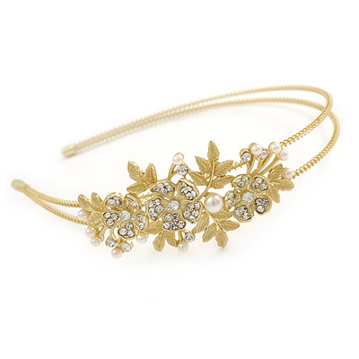 Bridal/ Wedding/ Prom Matte Bright Gold Tone Clear Crystal, White Faux Pearl Floral Tiara Headband - Flex - main view