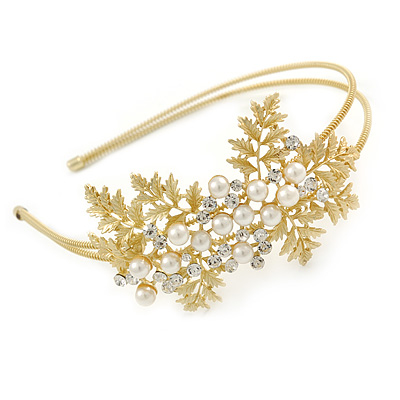 Bridal/ Wedding/ Prom Matte Bright Gold Tone Clear Crystal, White Faux Pearl Floral Tiara Headband - Flex - main view