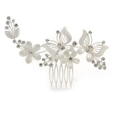 Large Crystal Flower and Butterfly Side Hair Comb In Matte Light Silver Tone - 11cm W